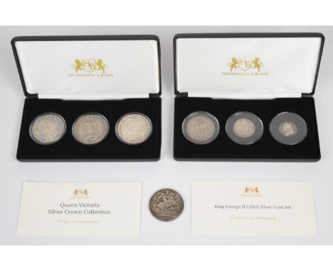 Two Harrington and Byrne cased coin sets comprising 1845, 1889 and 1893 Queen Victoria Silver Crown Collection, King George I