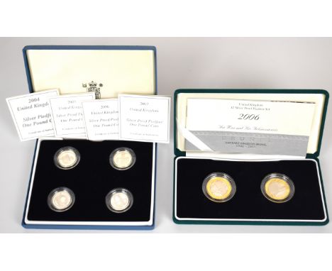 Two Royal Mint silver proof piedfort coin sets comprising £2 Brunel pair and set of four £1 coins 2004-2007, both cased with 