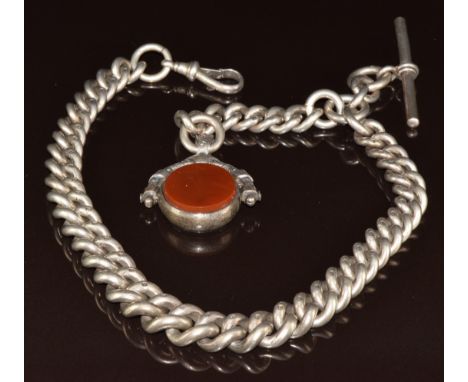 A silver Albert/ watch chain made up of curb links with swivel fob set with agate, Chester 1896, 192g, 41cm&nbsp;