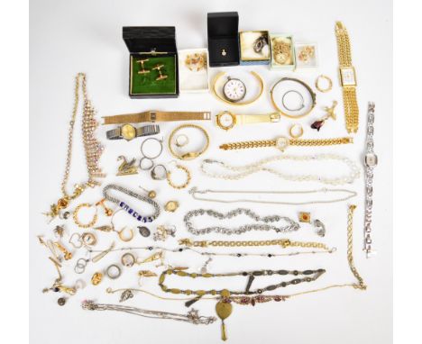 A collection of jewellery including silver fob watch, Japanese necklace, silver St Christopher, 9ct gold cased watch, silver 