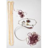 A silver choker, silver brooch and silver Suarti ring set with an opal triplet, a pearl necklace,