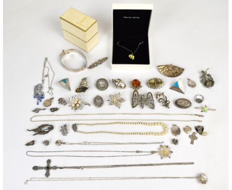 A collection of silver and other jewellery including bangle, five lockets, chains, filigree pendant, earrings set with turquo