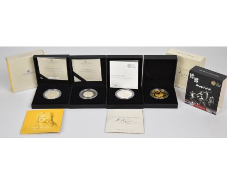 Four Royal Mint cased silver coins comprising 2012 London Olympics &pound;5, 2019 'Una and the Lion' 2oz silver proof coin, w