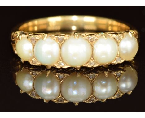 Victorian 18ct gold ring set with five split pearls and eight rose cut diamonds, 4.7g, size P