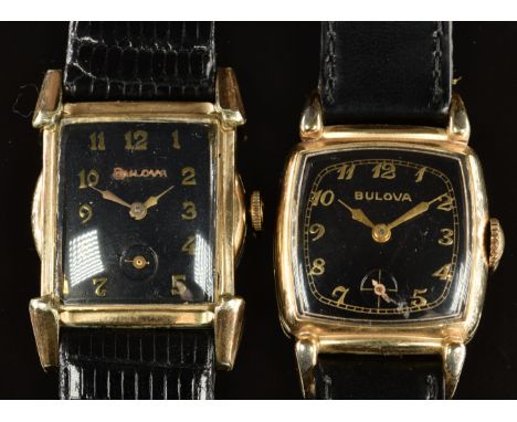 Two Bulova Art Deco gentleman's wristwatches, each with subsidiary seconds dial, gold hands and Arabic numerals, black dial a