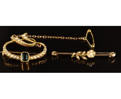 Art Nouveau 15ct gold&nbsp;brooch set with seed pearls and a tourmaline (4.7g, 3cm) and a 9ct gold Edwardian brooch set with 