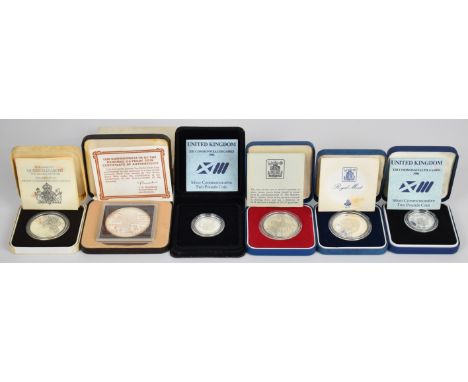 Six silver proof coins comprising Royal Mint 1986 &pound;2 x2, 1977 crown, 1981 crown and 1980 Queen Elizabeth the Queen Moth