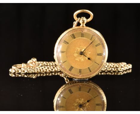 Charles Frodsham &amp; Co 18ct gold open faced pocket watch with blued hands, black Roman numerals, engraved gold dial and ca