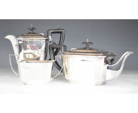 Art Deco hallmarked silver three piece tea set, Sheffield 1935, maker Francis Howard, length 30.5cm, weight 1636g all in&nbsp
