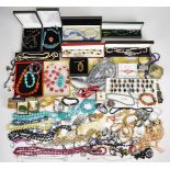 A collection of jewellery including Jacobite brooch, Avon jewellery, pearl and hardstone necklace,