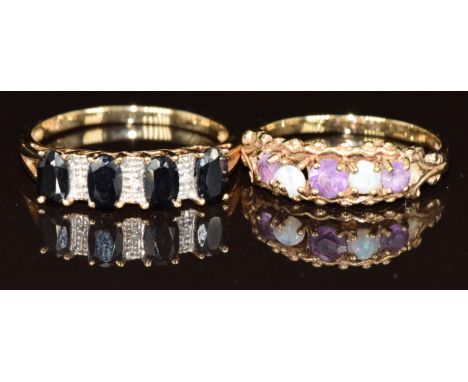 Two 9ct gold rings, one set with sapphires and diamonds and the other opals and amethyst (one opal chipped), 3.3g, sizes N &a