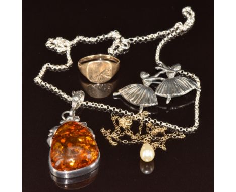 A 9ct gold chain and faux pearl pendant (0.3g), 9ct gold signet ring (2.7g, size R), hallmarked silver ballerina brooch and a