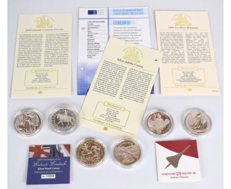 Six silver crown sized coins comprising 1998, 2001 and 2009 Britannias, 2004 Entente Cordiale &pound;5, Concorde Solomon Isla