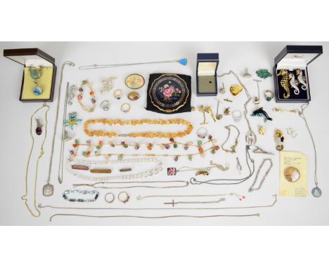 A collection of jewellery, some silver including four rings, three necklaces and a St Christopher, Wedgwood pendant, agate ne