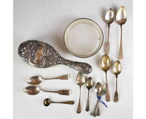 Georgian and later hallmarked silver cutlery to include a set of six beaded edge coffee spoons, together with a silver and gl