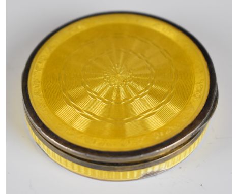 Art Deco hallmarked silver and yellow guilloch&eacute; enamel dressing table pot with gilt interior, import marks for London 