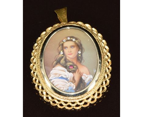 An 18ct gold pendant / brooch set with a portrait miniature, 9.2g, 3.8 x 3.2cm
