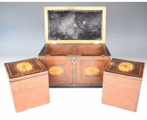 Georgian shell inlaid mahogany two division tea caddy with crossbanded decoration, the two interior canisters similarly inlai