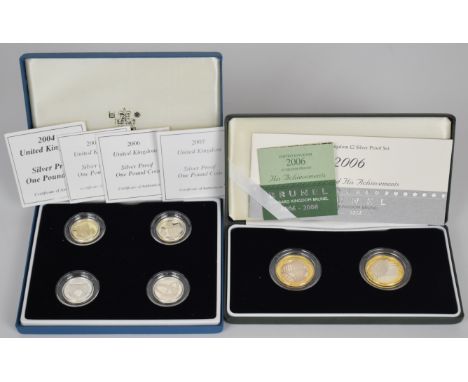 Two Royal Mint silver proof coin sets comprising &pound;2 Brunel pair and set of four &pound;1 coins 2004-2007, both cased wi