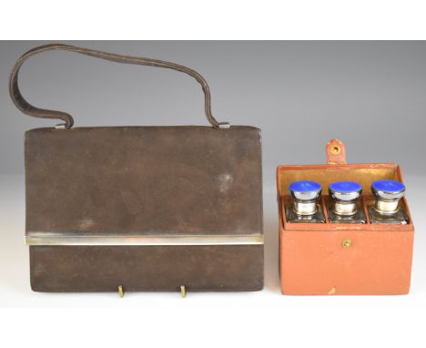 Asprey Art Deco cased set of three dressing table glass bottles with hallmarked silver and blue guilloch&eacute; enamel top, 
