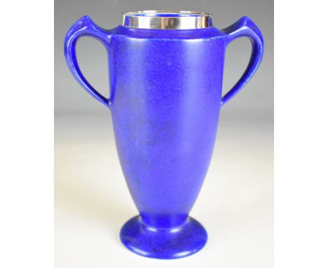 Art Deco hallmarked silver mounted blue pottery vase, the mount Birmingham 1924, maker&nbsp;S J Levi &amp; Co, height 20.5cm