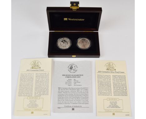 Westminster cased pair of Royal commemorative crowns comprising 2003 silver proof &pound;5 and 1953 Coronation, contained in 