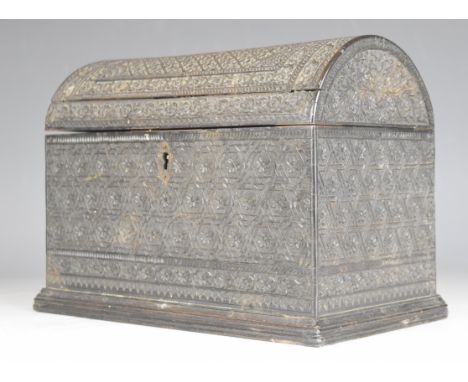 Anglo Indian carved wooden dome top jewellery casket or trinket box with carved decoration to sides, front, back and lid, L24