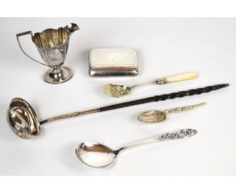 Hallmarked and other silver items comprising cigarette case, jug, anointing spoon, toddy ladle and spoon marked 830S, length 