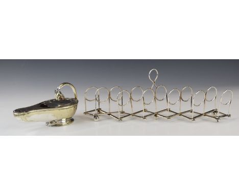 William Hutton &amp; Son silver plated novelty folding toast rack, together with a silver plated ancient style lamp, length 1