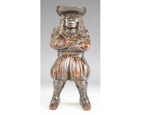 Carved treen figural door knocker (metal part missing) signed J Martin verso, probably 19thC, height 25cm