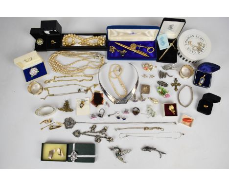 A collection of jewellery, some silver including two napkin rings, Celtic brooch, earrings, collar, necklace and Thomas Sabo 