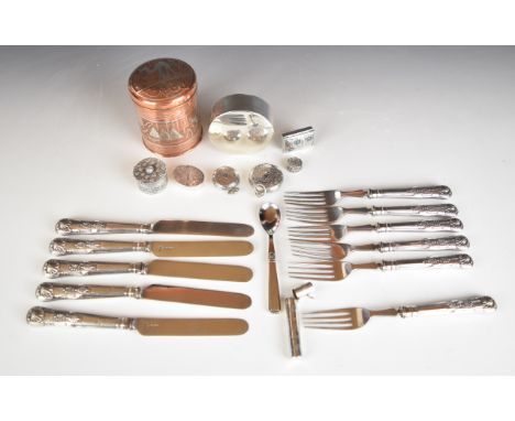 Eleven hallmarked silver handled and bladed and tyned knives and forks, hallmarked silver cased pocket watch, further silver 