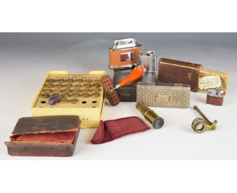 Collectibles to include Ronson Senator and Firefly cigarette lighters, field microscope, cased Punkt face roller and brass 'M