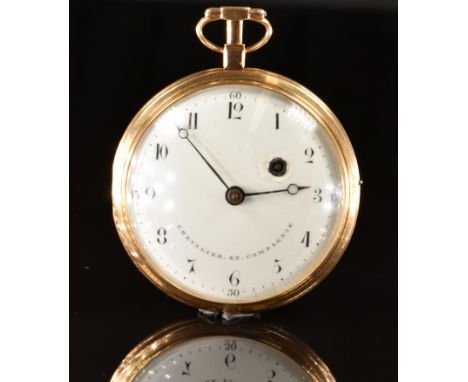 Chevalier Et Compagnie gold open faced pocket watch with blued Breguet hands, black Arabic numerals, white enamel dial and si