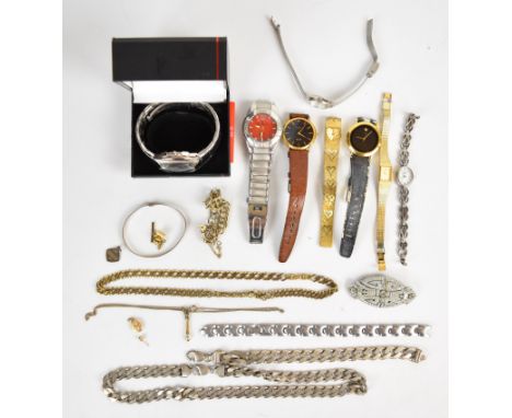 A collection of jewellery including Accurist watch in original box, silver curb link necklace and bracelet (147g), Art Deco m