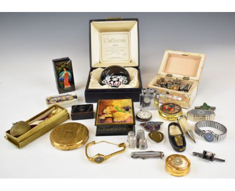 Collectables to include Russian or similar lacquer boxes, limited edition Garland Caithness glass paperweight, mother of pear