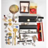 A collection of jewellery, some silver including bangle, mirror, two rings, cigarette case, brooch