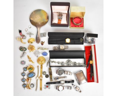 A collection of jewellery, some silver including bangle, mirror, two rings, cigarette case, brooch and cufflinks with enamel 