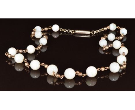 Edwardian 9ct gold necklace set with opal beads, 17.3g, 43cm