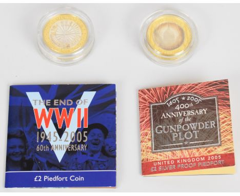 Two silver proof &pound;2 piedfort coins comprising WW2 1945-2005 and 400th Anniversary of the Gunpowder Plot, with certifica