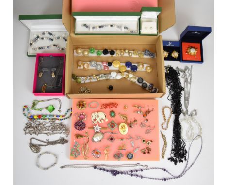 A collection of jewellery including silver chain, silver earrings, micro mosaic and vintage brooches, vintage earrings, Flore