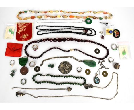 A collection of jewellery including silver pendant, three silver rings, two micro mosaic brooches, agate necklace, silver rin