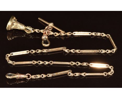A 9ct gold fob/ watch chain made up of knotted and elongated links (36cm,12.5g) with Victorian intaglio seal set with carved 
