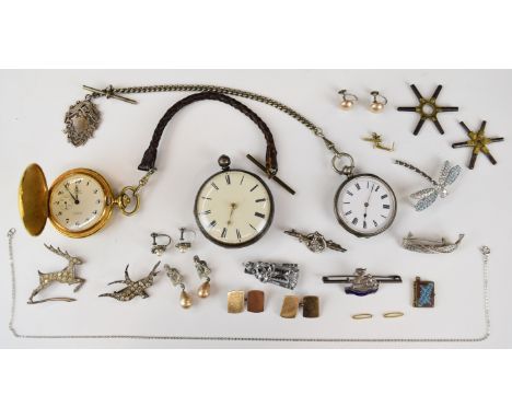 Two silver brooches, two silver pocket watches including one by Richard Cole, Ipswich, silver fob, pair of silver cufflinks w