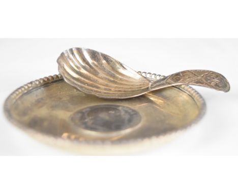 Georgian hallmarked silver caddy spoon, London 1795, together with an Indian silver pin dish set with a 1902 Edward VII rupee