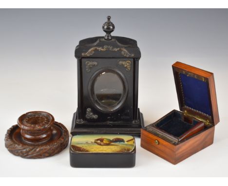 Bijouterie items including 19thC papier mach&eacute; snuff box with rooster and hen decoration 'For Nothing', carved burr woo