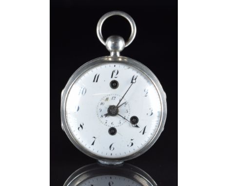 Unnamed silver open faced pocket watch with alarm, blued Breguet hands, black Arabic numerals, white enamel dial and unsigned
