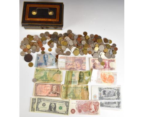 A collection of largely overseas coinage, small silver content, gold tooth crown etc, together with a small quantity of bankn