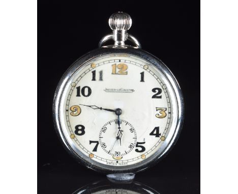 Jaeger LeCoultre keyless winding open faced military pocket watch with subsidiary seconds dial, pierced blued hands, Arabic n