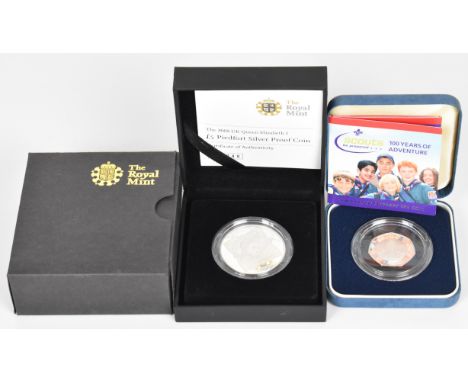 Royal Mint silver proof piedfort &pound;5 coin and a 2007 Scouts 50p example, both cased with certificates